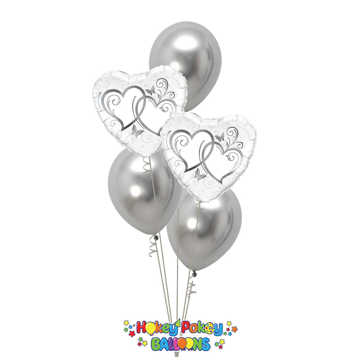 Picture of Entwined Silver Hearts - Balloon Bouquet of 5