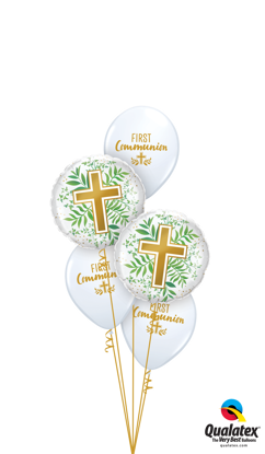 Picture of First Communion with Gold Cross and Greenery Balloon Bouquet (5 pc)
