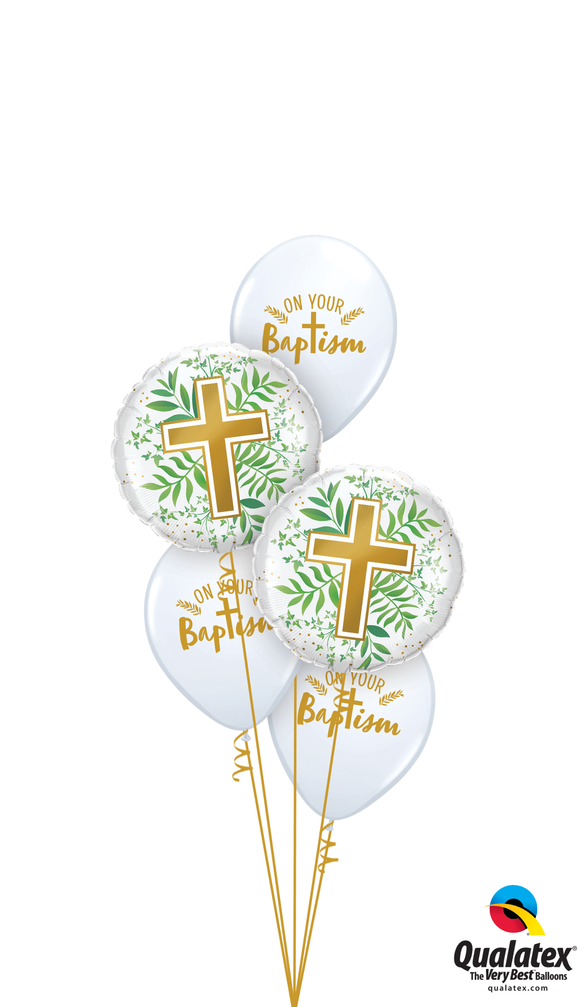 Picture of Your Baptism with Gold Cross and Greenery Balloon Bouquet (5 pc)